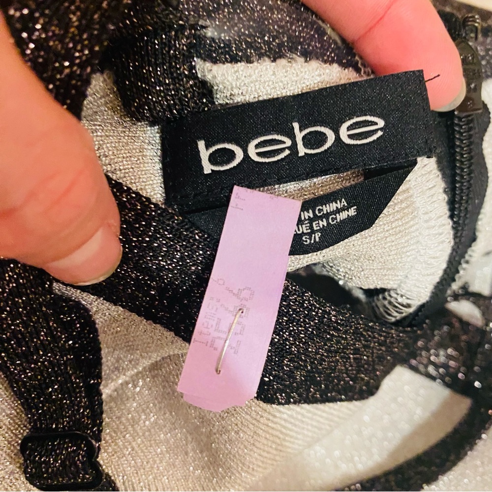 bebe Black and Cream Striped Sequin Bodice Jumpsuit - Picture 7 of 7